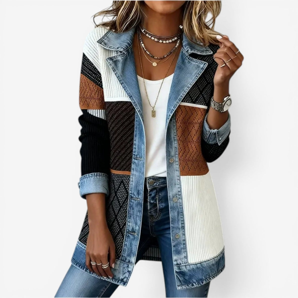 Veste Femme Hybride Denim & Maille – Col Cranté Fermeture Boutonnée | Style Casual Chic