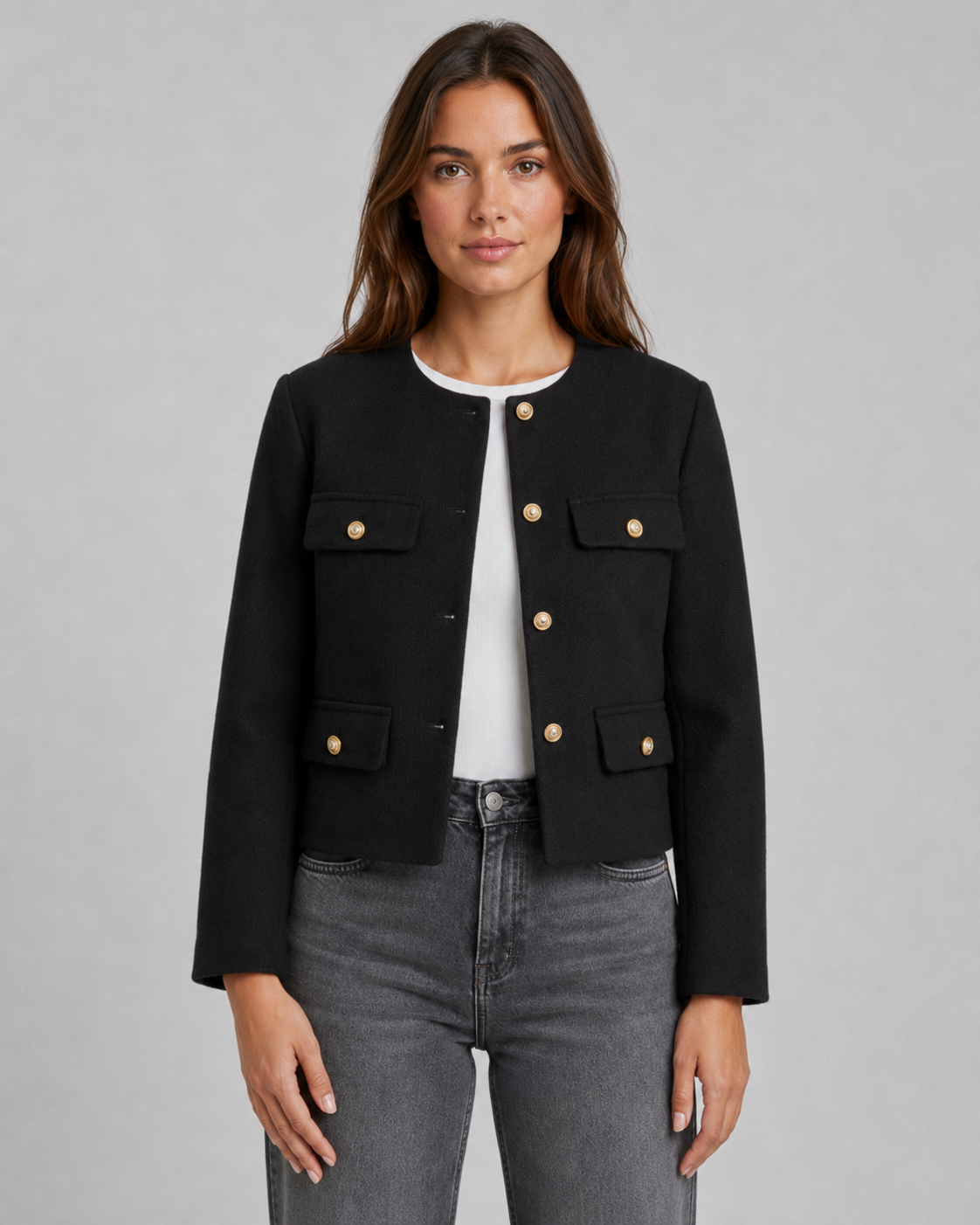 Veste Femme Courte Sans Col – Bouttons Dorés Coupe Boxy | Chic & Intemporel