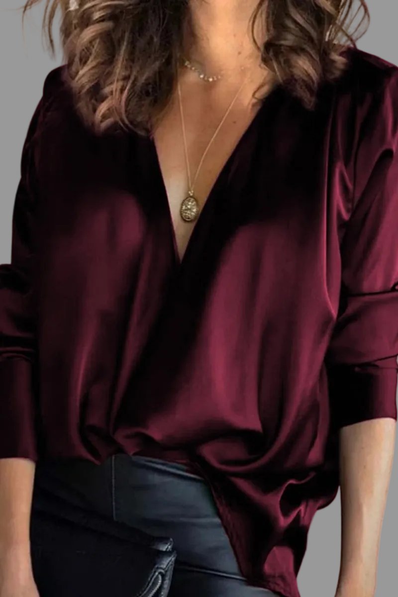 Blouse Femme Satinée Col V Plongeant – Manches Longues Fluide | Élégance Soirée & Occasions