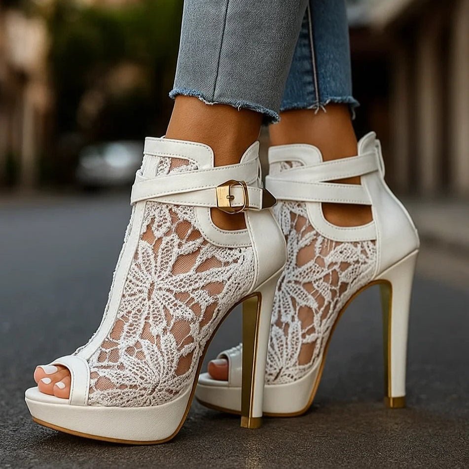 Escarpins Femme Dentelle – Bout Ouvert Stiletto Bride Cheville | Style Élégant Soirée