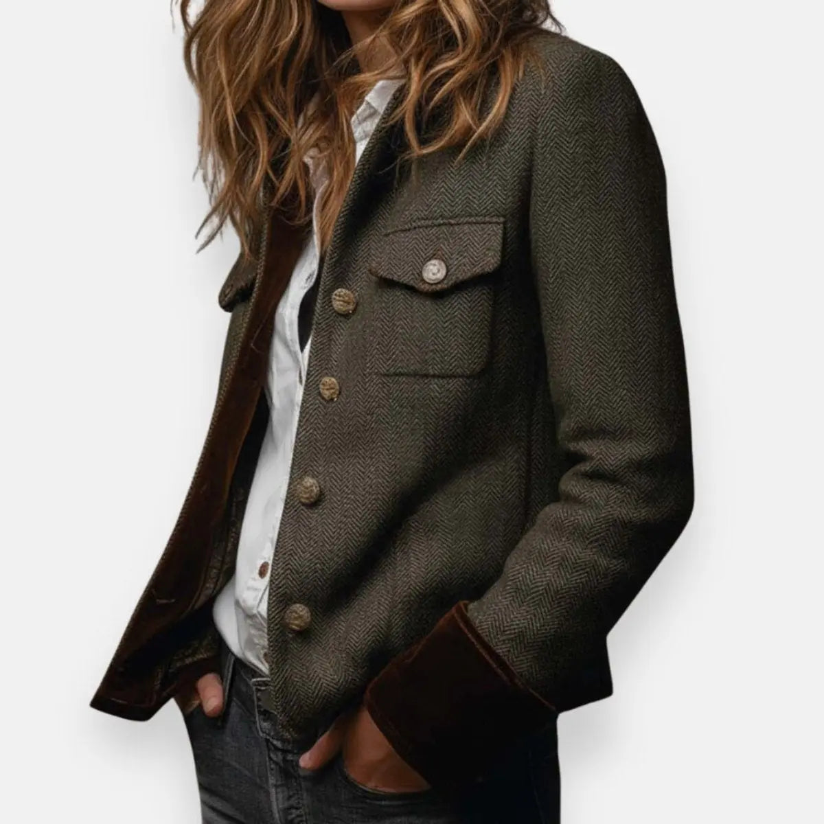 Veste Femme Tweed Herringbone Matelassée – Boutons Dorés Poignets Velours | Chic Intemporel