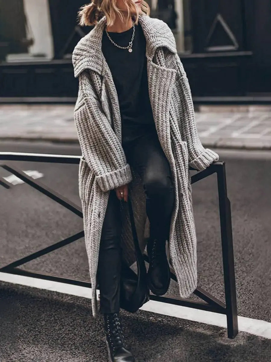 Gilet Long Femme Grosse Maille Oversize – Revers Cranté Poches Profondes | Cosy Chic