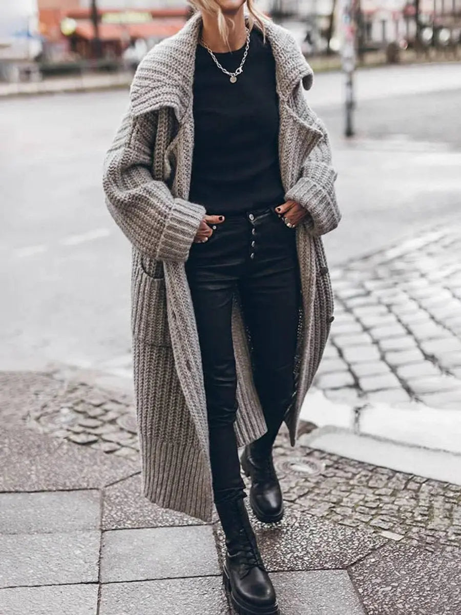 Gilet Long Femme Grosse Maille Oversize – Revers Cranté Poches Profondes | Cosy Chic