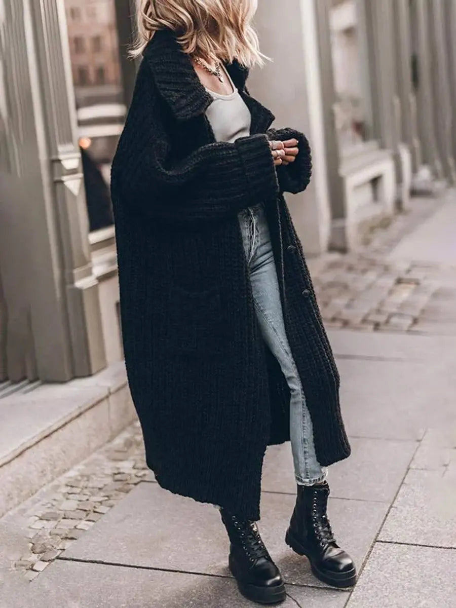 Gilet Long Femme Grosse Maille Oversize – Revers Cranté Poches Profondes | Cosy Chic