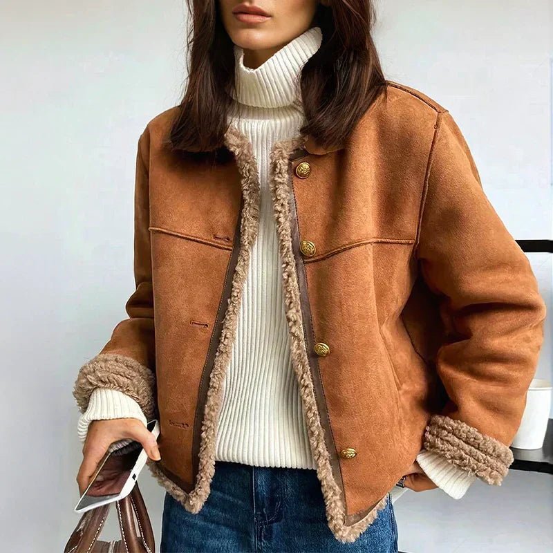 Veste Femme Fausse Peau de Mouton – Coupe Courte Boutonnée | Style Casual Chic Automne Hiver