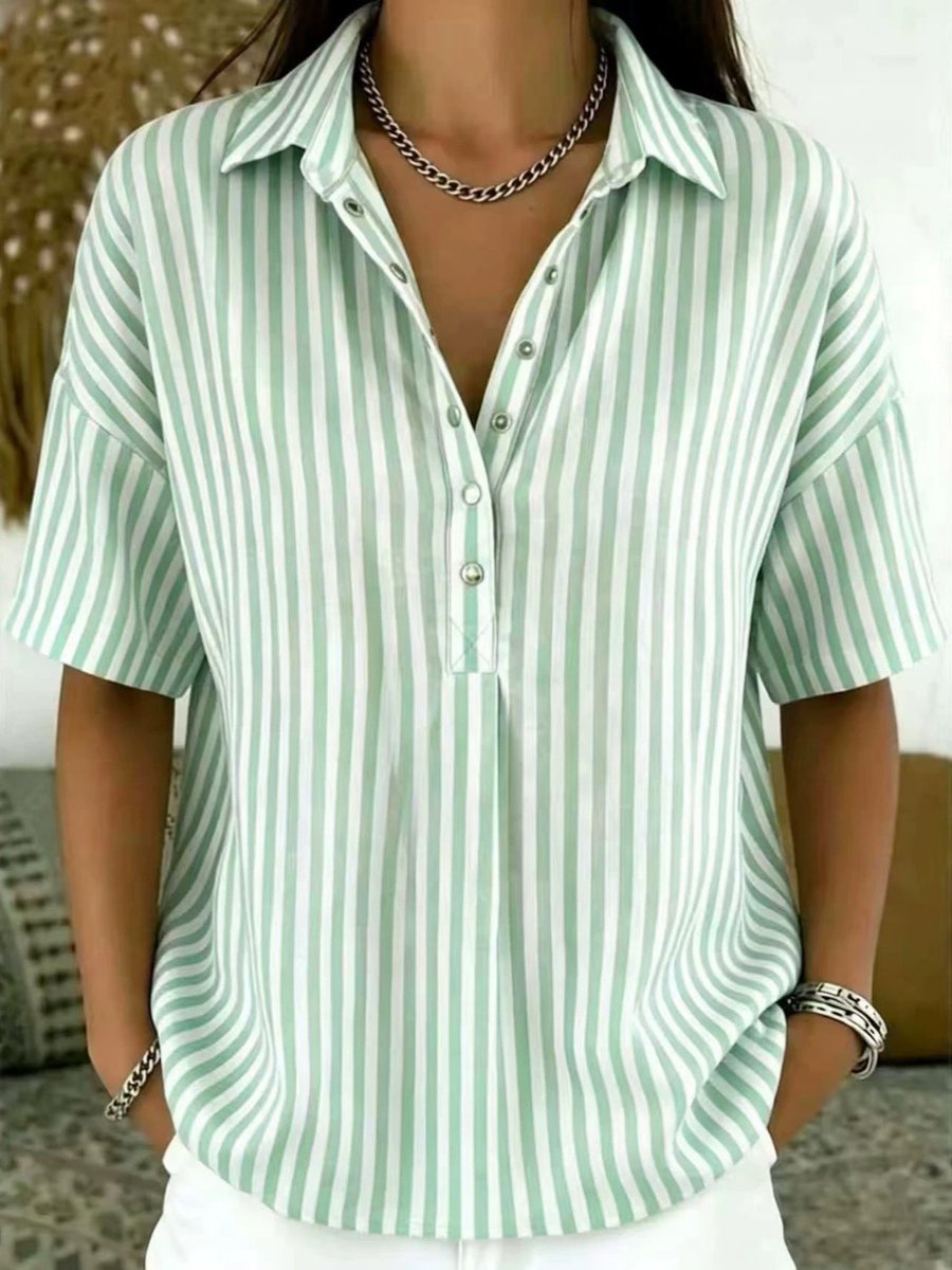 Blouse Femme Rayée – Col Classique Manches Courtes Décontractée | Style Estival Chic