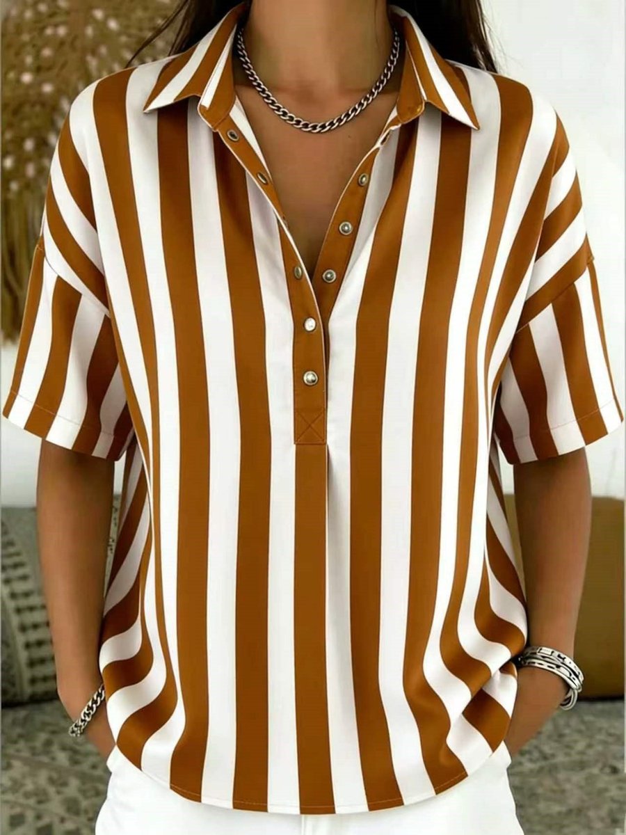 Blouse Femme Rayée – Col Classique Manches Courtes Décontractée | Style Estival Chic