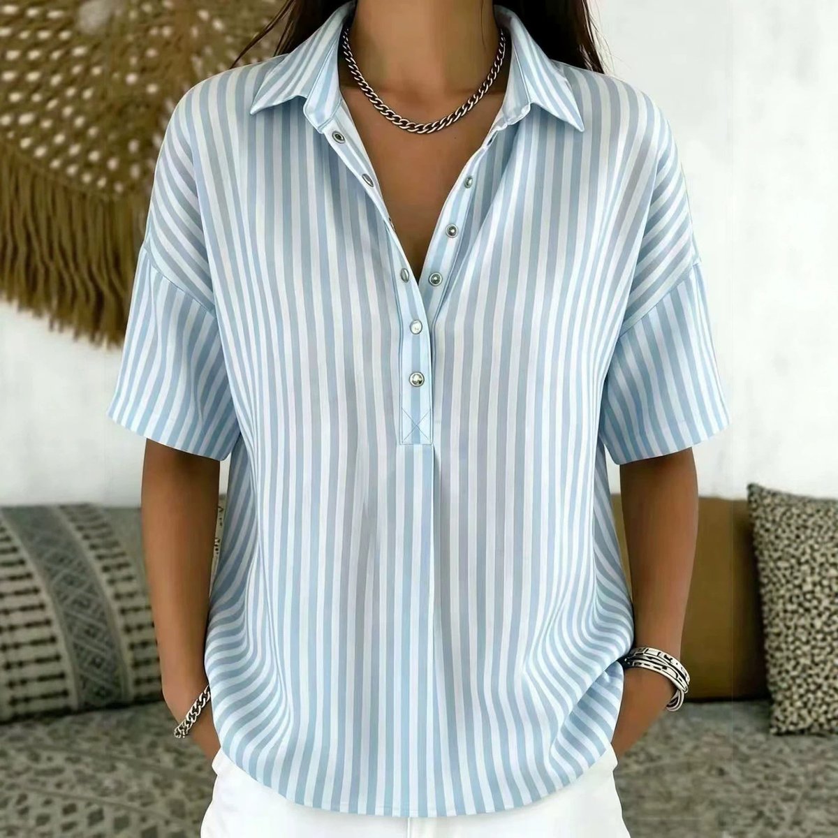 Blouse Femme Rayée – Col Classique Manches Courtes Décontractée | Style Estival Chic
