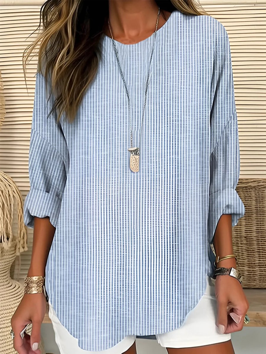 Blouse Femme Rayures – Col Rond Manches Longues Légère | Style Intemporel & Casual
