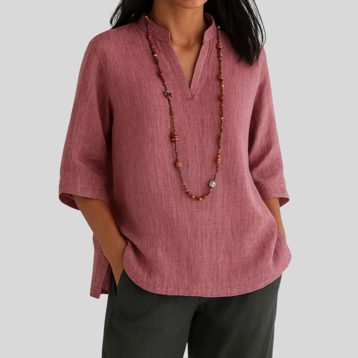 Tunique Femme Lin – Col V Coupe Ample Manches 3/4 | Style Casual Naturel