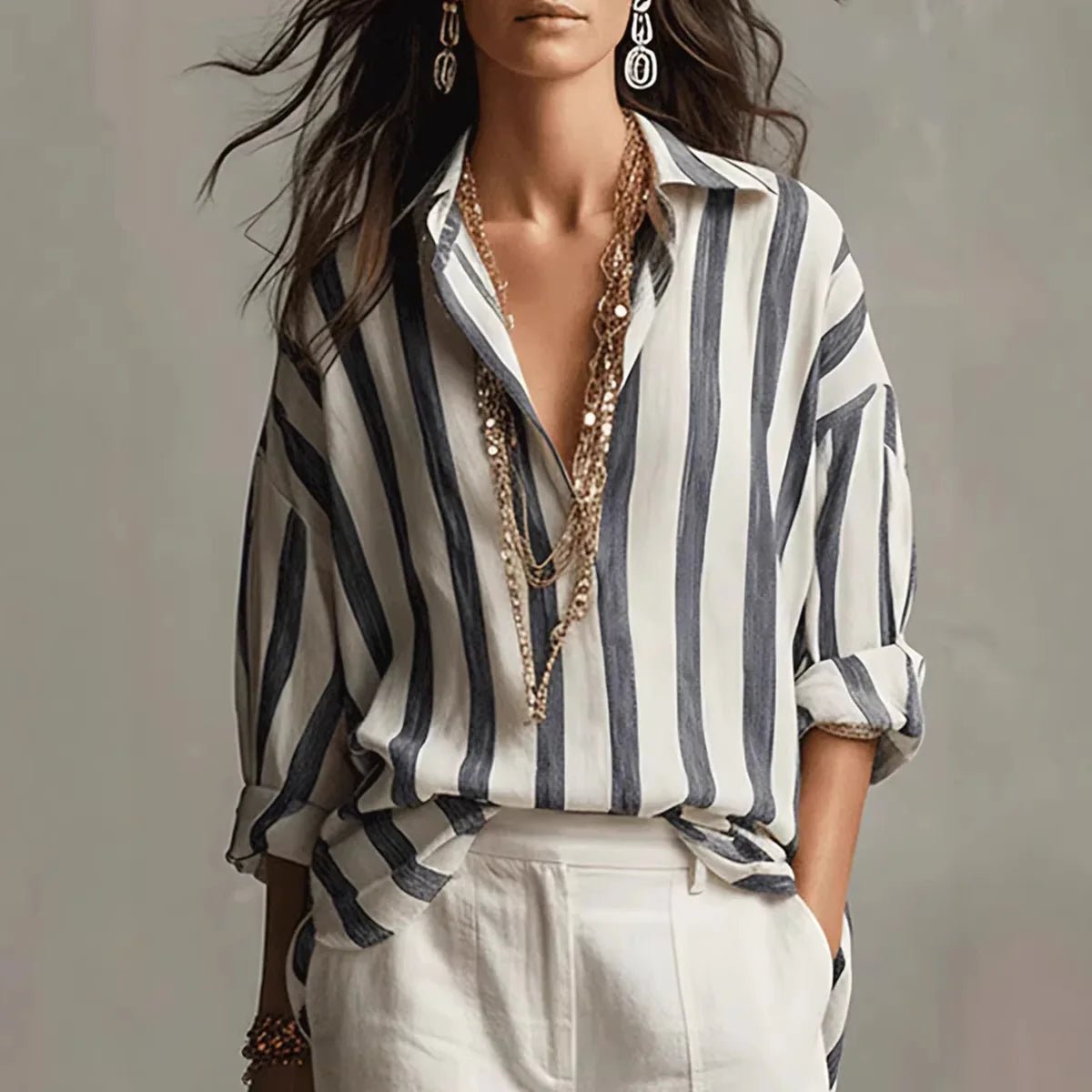 Blouse Femme Lin Rayures Verticales – Manches Longues Col Ouvert | Élégance Casual