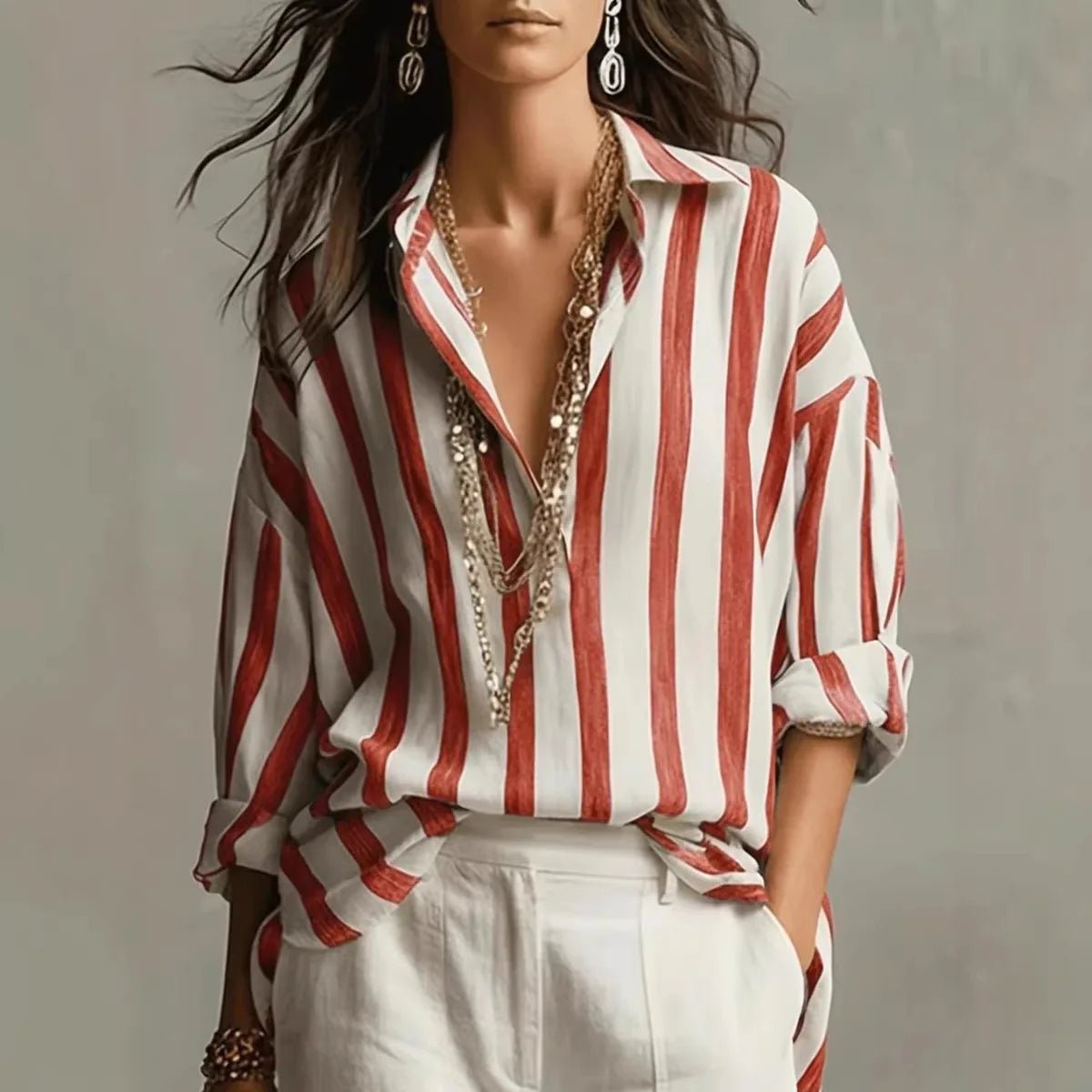 Blouse Femme Lin Rayures Verticales – Manches Longues Col Ouvert | Élégance Casual
