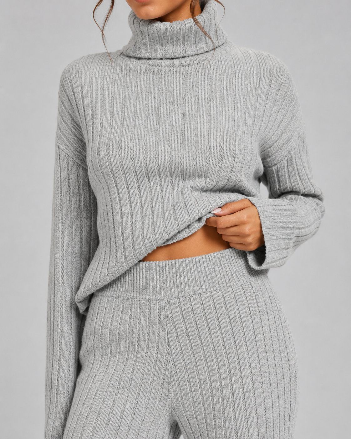 Ensemble Co-ord Femme Maille Côtelée – Col Roulé & Pantalon Large | Look Quiet Luxury