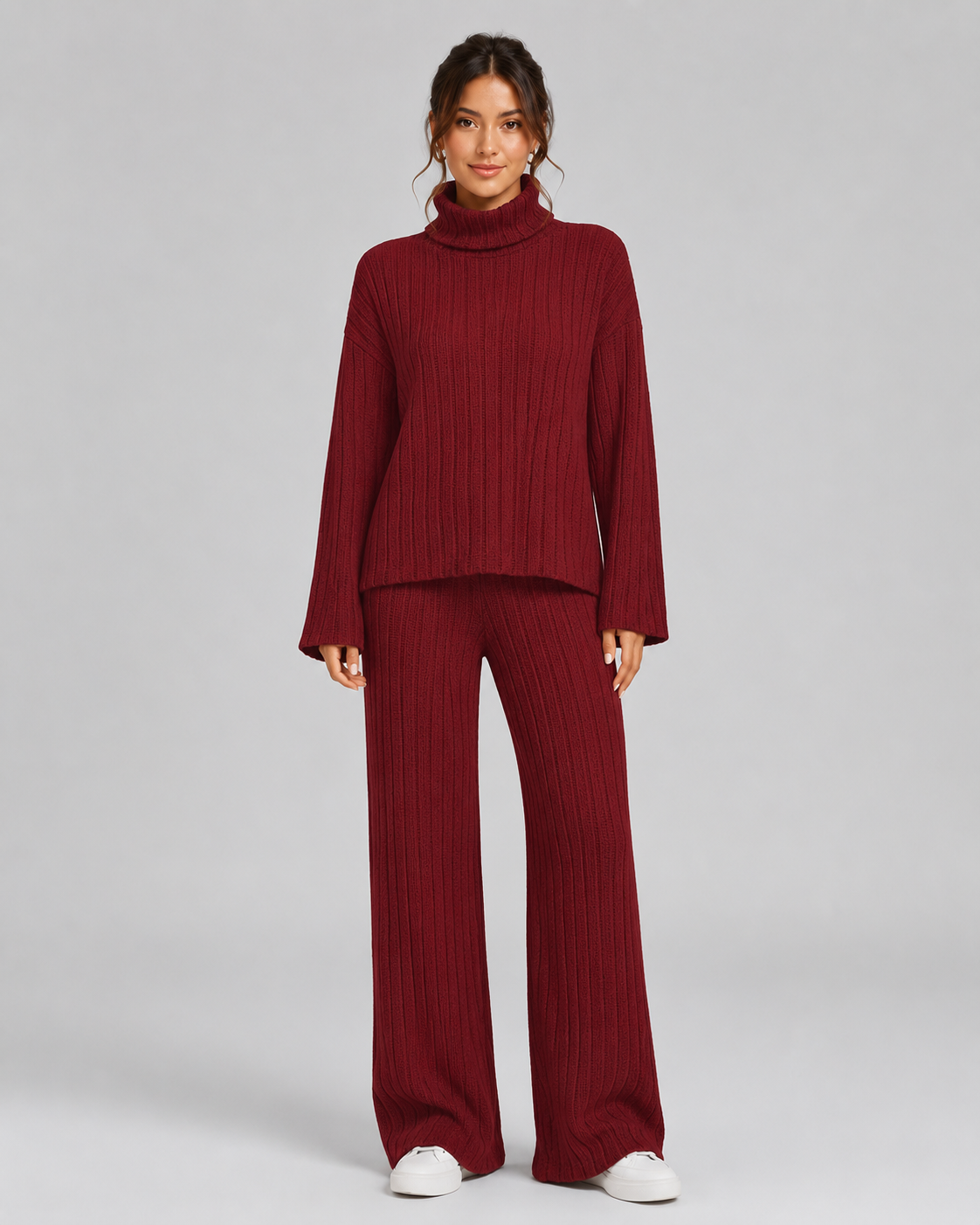 Ensemble Co-ord Femme Maille Côtelée – Col Roulé & Pantalon Large | Look Quiet Luxury