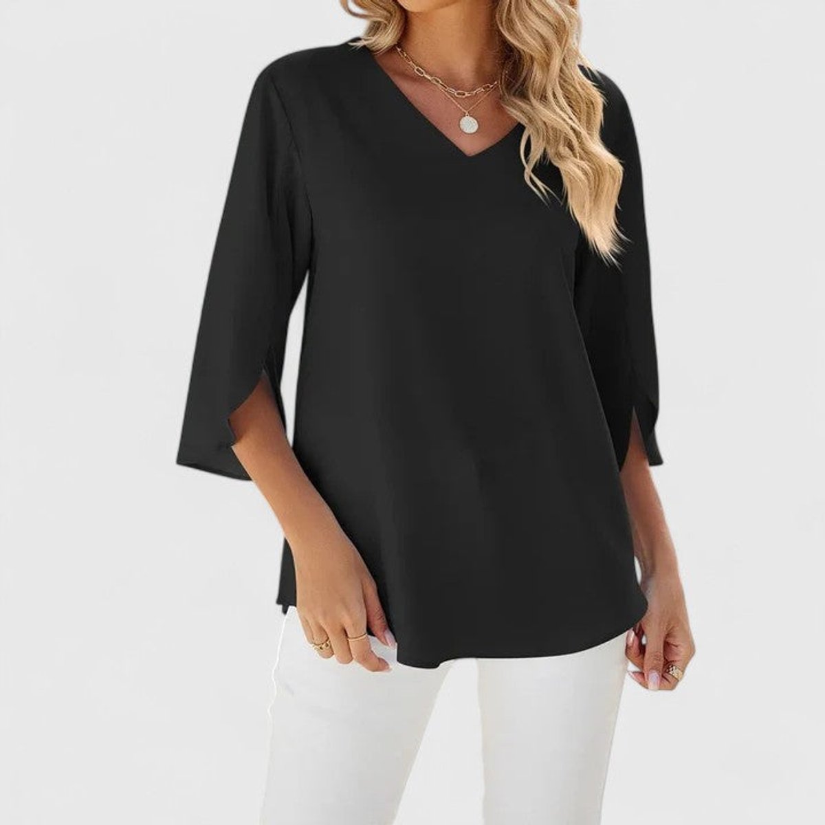 Blouse Femme Mousseline – Col V Volants Manches Trois-Quarts | Élégance au Quotidien