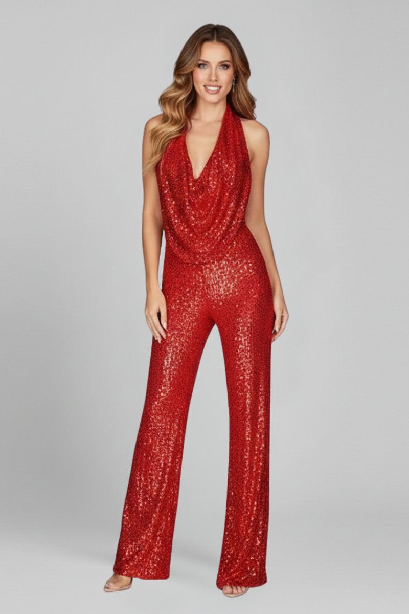 Combinaison Femme Sequins – Col Cowl Halter Jambes Larges | Look Soirée Glamour Garanti