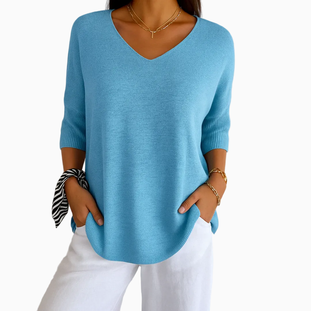 Pull Femme Col V Maille Légère Manches Courtes Coupe Décontractée