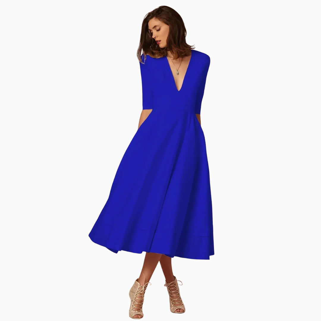 Robe Midi Femme Col V – Taille Ajustée Jupe Évasée | Silhouette Chic au Quotidien