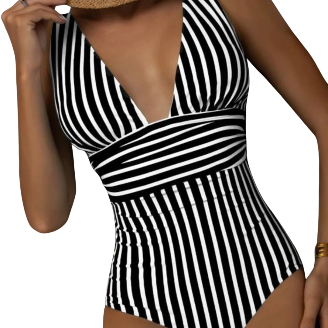 Élora | Maillot de bain rayé une pièce col en V ventre gainé