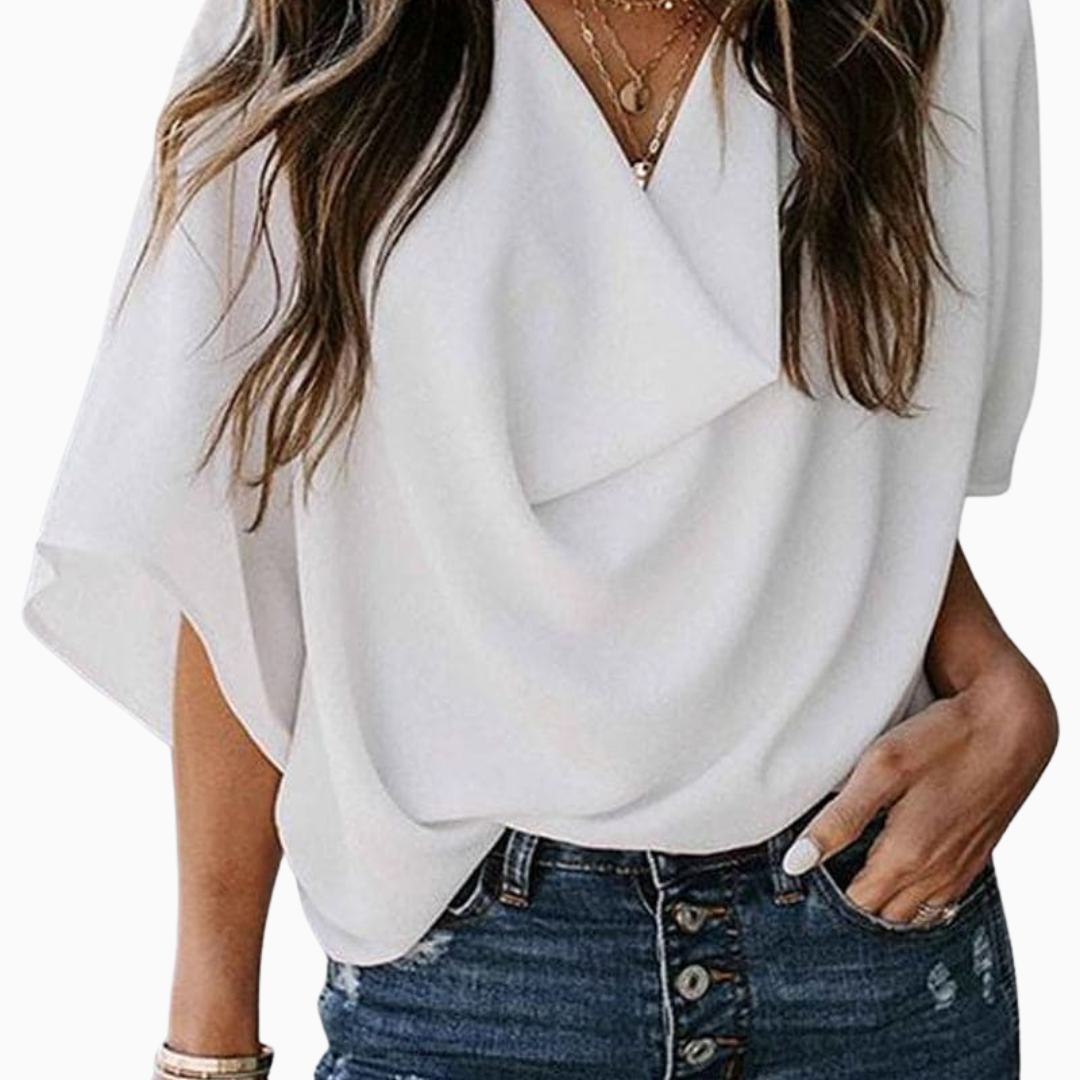 Blouse Femme Col V – Manches Courtes Tissu Fluide | Élégance au Quotidien