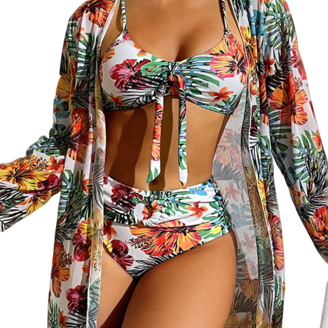Céleste | bikini femme avec print slip taille haute et blouse de plage légère