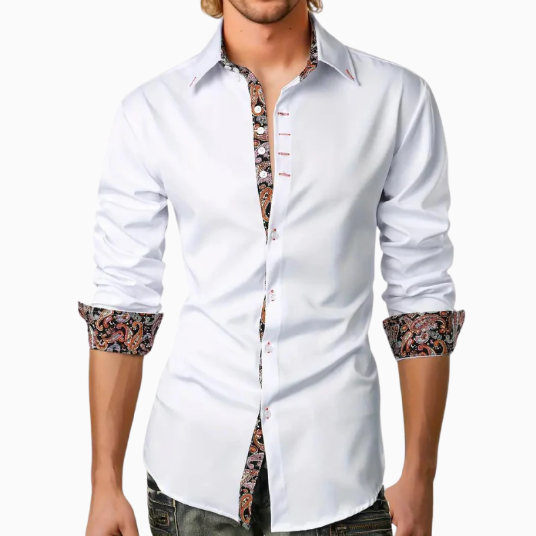 Ethan chemise homme blanche manches longues avec détails imprimés coupe ajustée