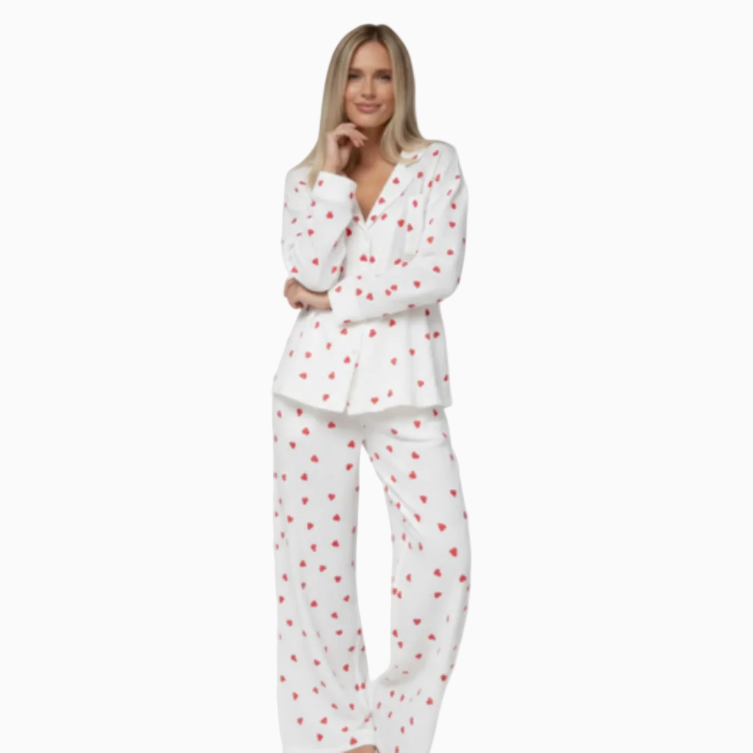 Ensemble Pyjama Femme Imprimé Cœurs Manches Longues Boutonné
