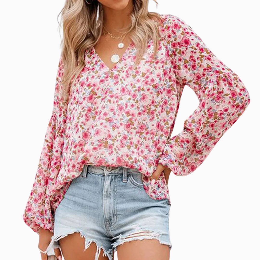 Blouse Femme Fleurie Col V – Manches Longues Légère & Fluide | Look Féminin pour les Beaux Jours