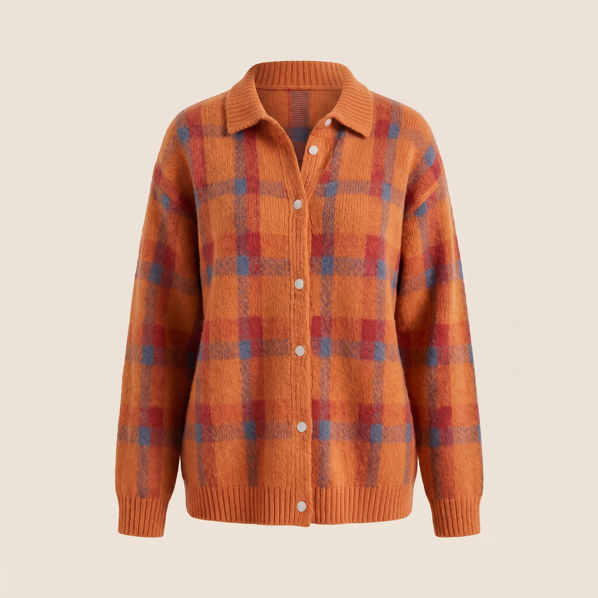 Gilet Femme à Carreaux Vintage Col Chemise – Pull Boutonné en Maille Coupe Ample | Style Rétro d'Hiver
