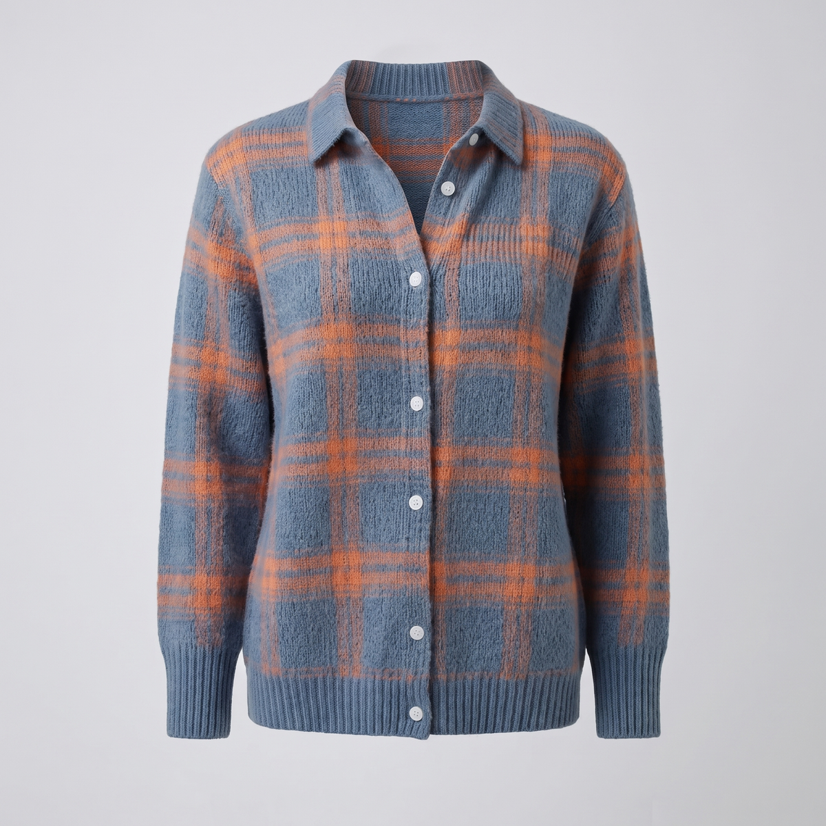 Gilet Femme à Carreaux Vintage Col Chemise – Pull Boutonné en Maille Coupe Ample | Style Rétro d'Hiver
