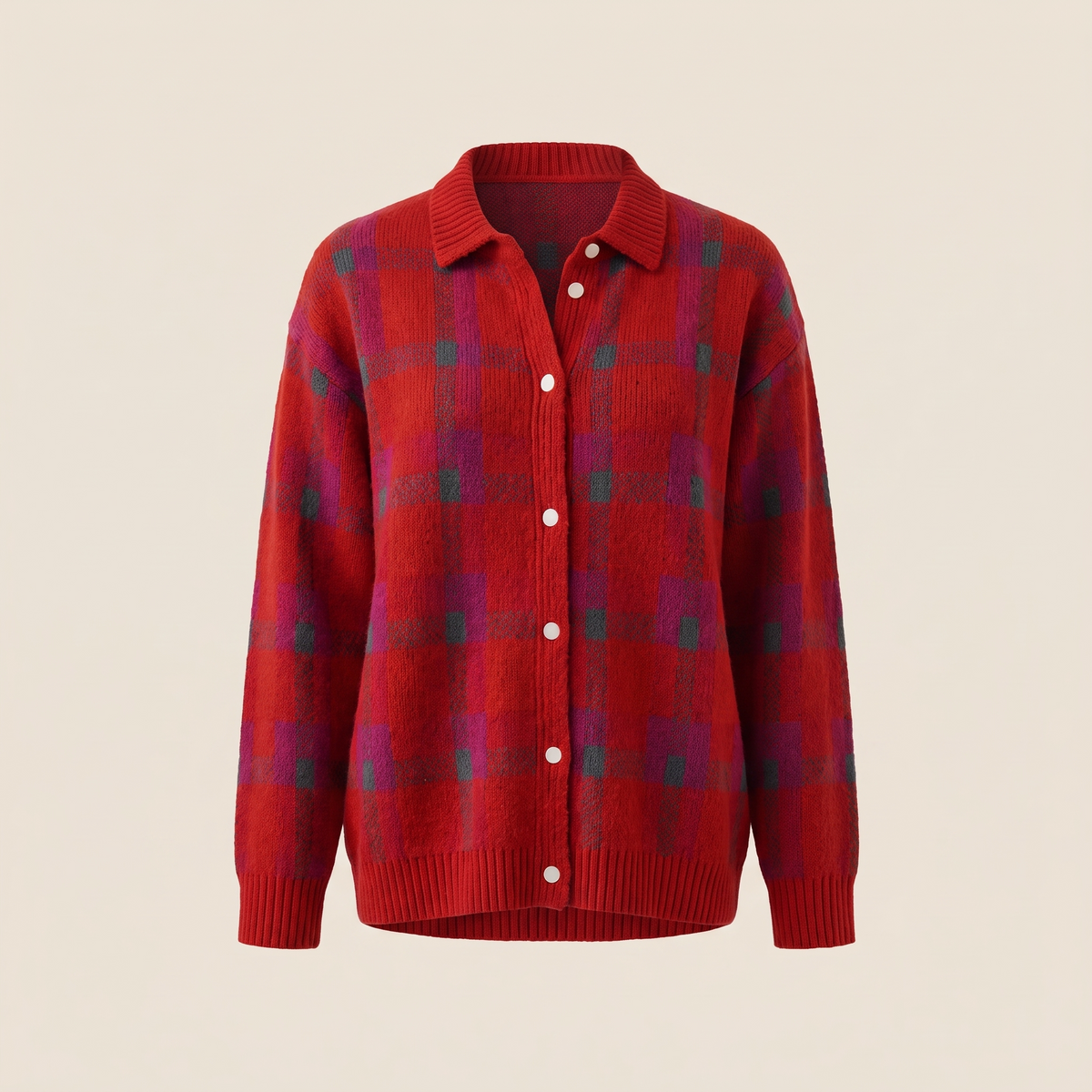Gilet Femme à Carreaux Vintage Col Chemise – Pull Boutonné en Maille Coupe Ample | Style Rétro d'Hiver