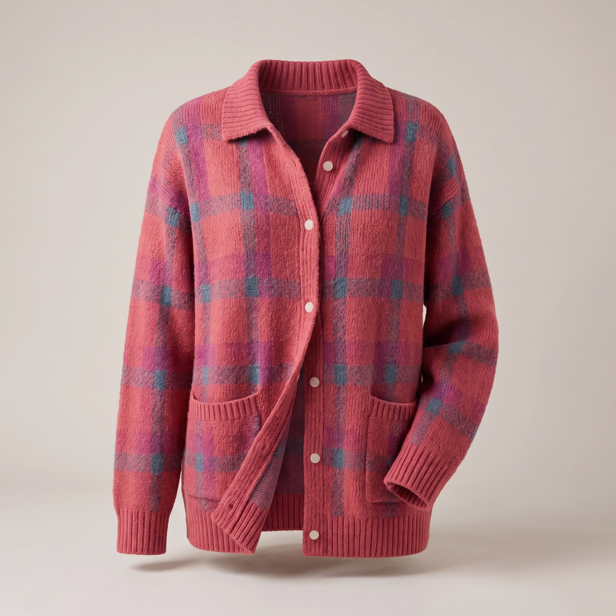 Gilet Femme à Carreaux Vintage Col Chemise – Pull Boutonné en Maille Coupe Ample | Style Rétro d'Hiver