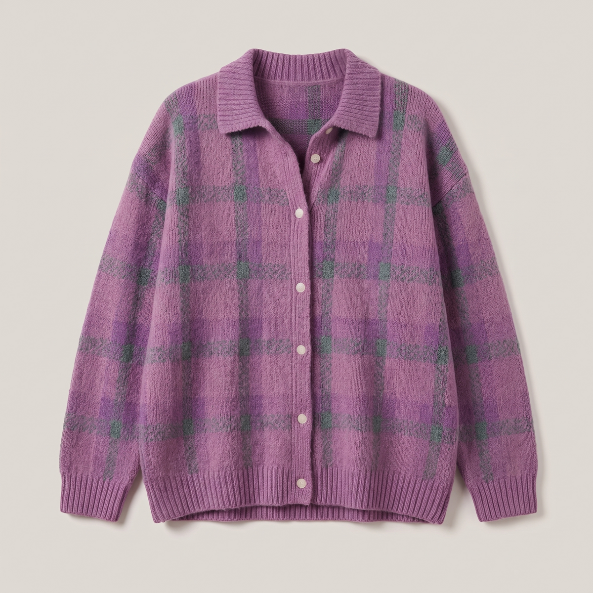 Gilet Femme à Carreaux Vintage Col Chemise – Pull Boutonné en Maille Coupe Ample | Style Rétro d'Hiver