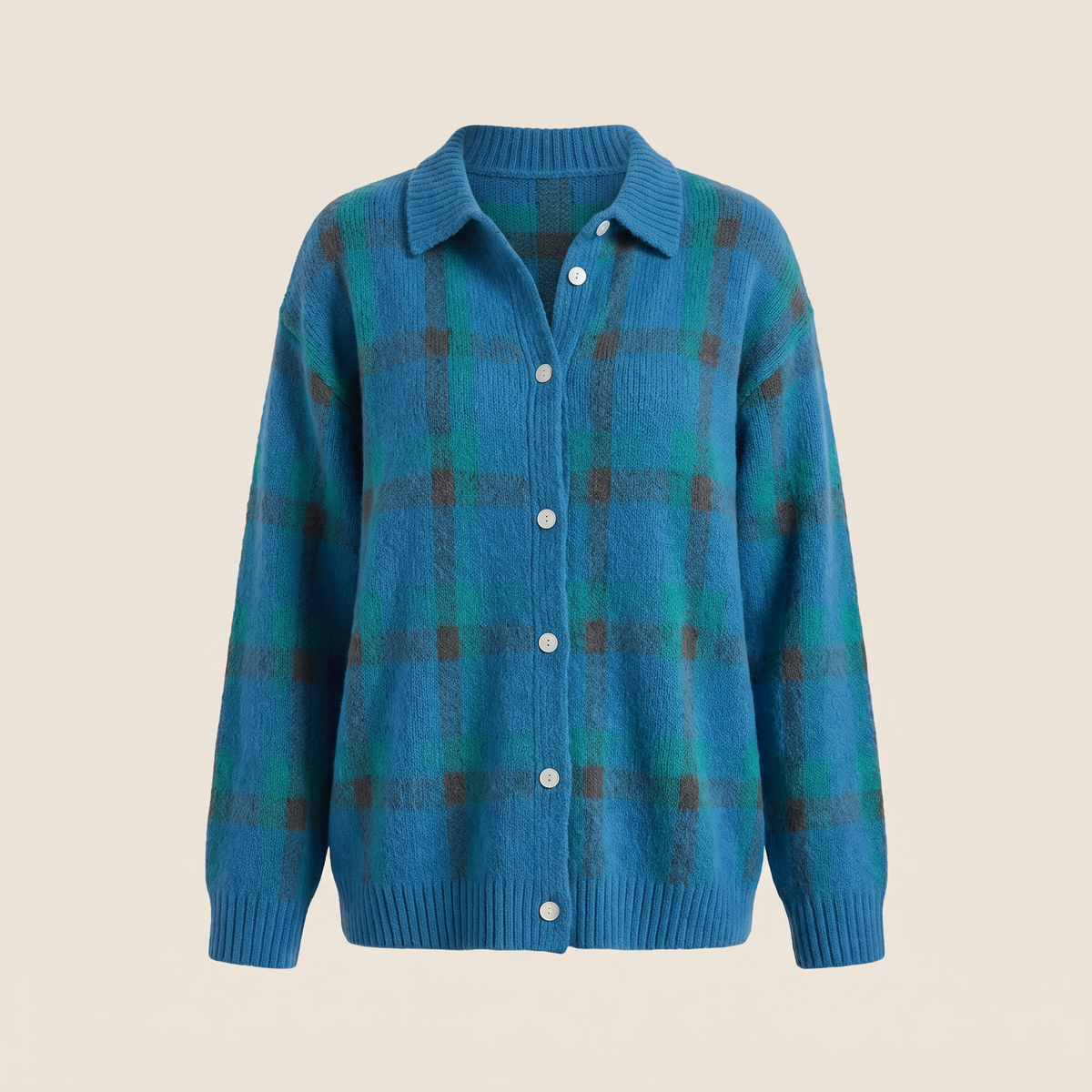 Gilet Femme à Carreaux Vintage Col Chemise – Pull Boutonné en Maille Coupe Ample | Style Rétro d'Hiver