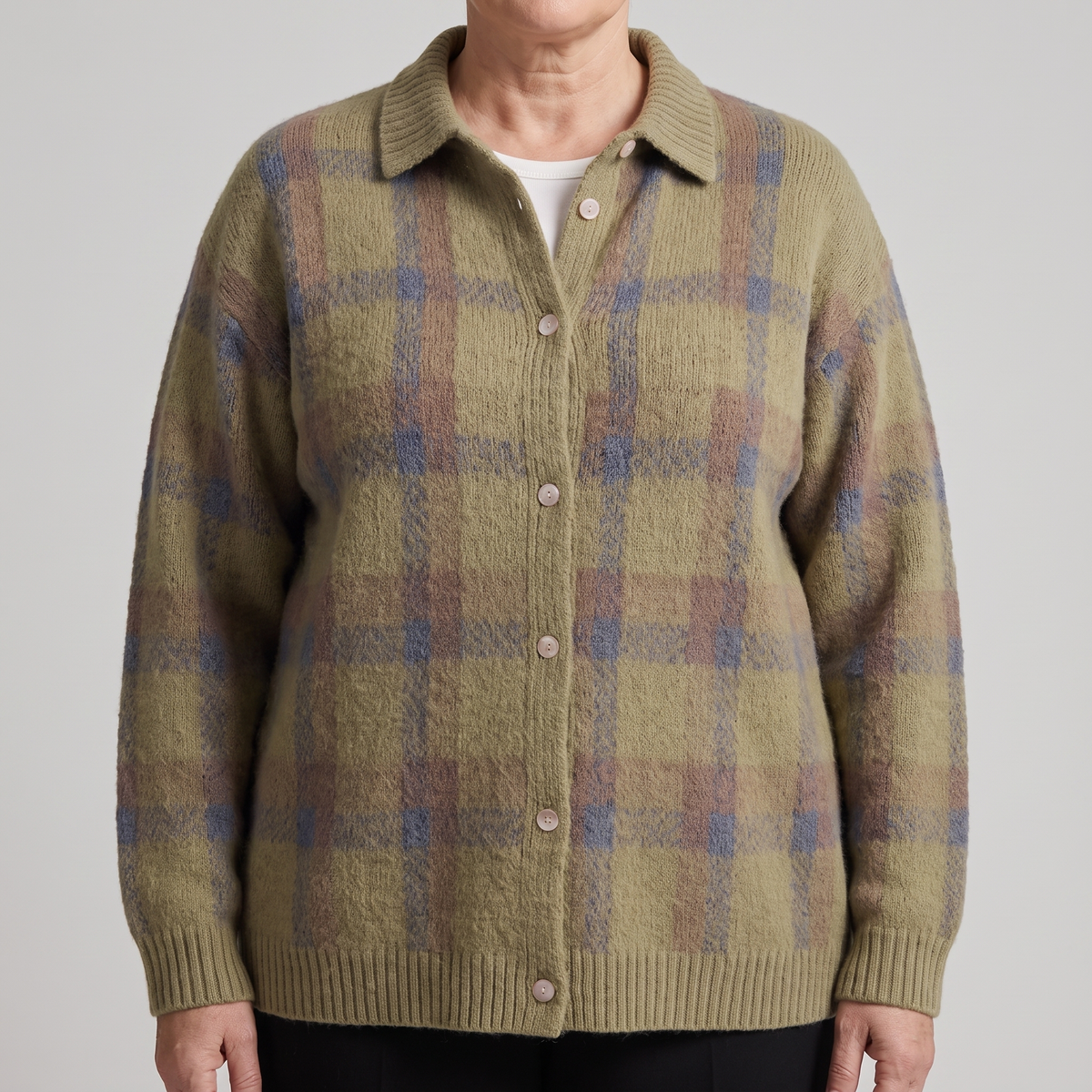 Gilet Femme à Carreaux Vintage Col Chemise – Pull Boutonné en Maille Coupe Ample | Style Rétro d'Hiver