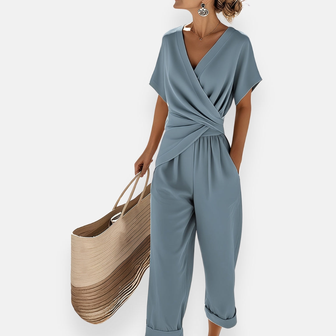 Combinaison femme à col cache-cœur - coupe fluide avec manches courtes et taille élastique