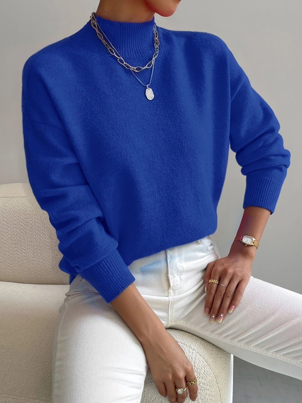 Pull Femme Maille Côtelée – Col Montant Manches Longues Chaud | Style Casual Hiver