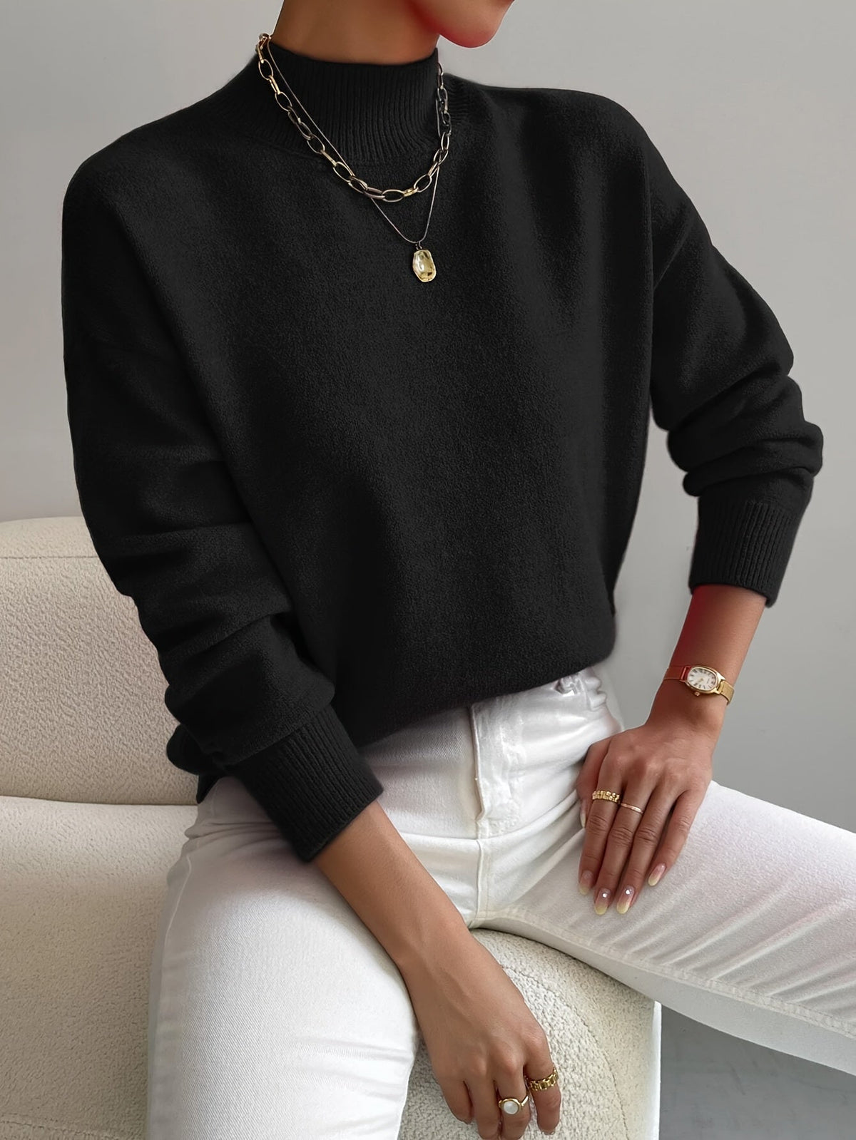 Pull Femme Maille Côtelée – Col Montant Manches Longues Chaud | Style Casual Hiver