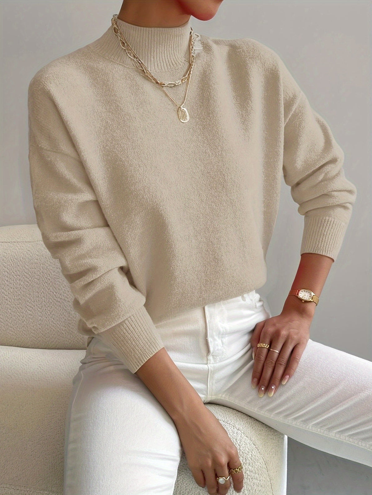 Pull Femme Maille Côtelée – Col Montant Manches Longues Chaud | Style Casual Hiver