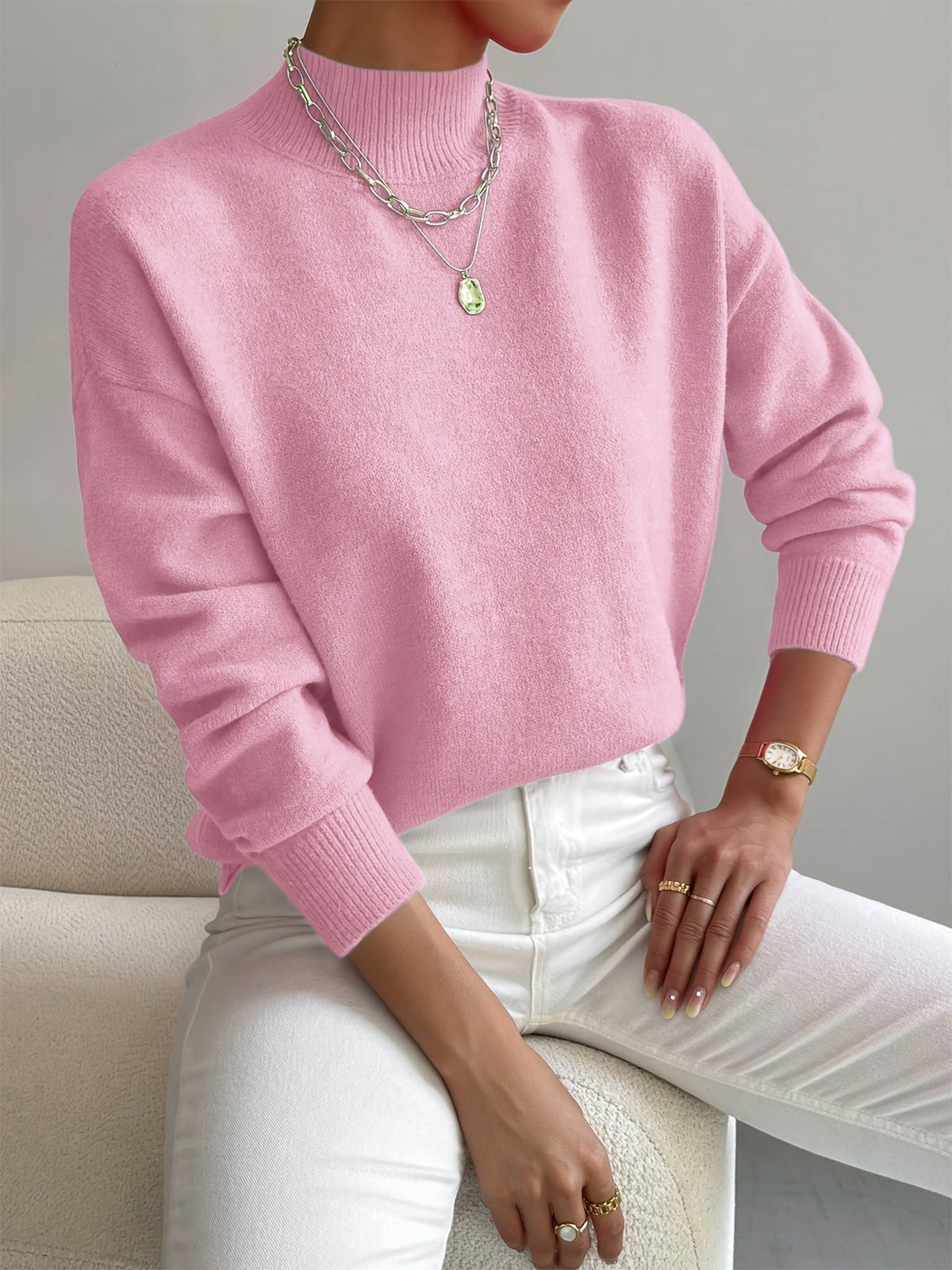 Pull Femme Maille Côtelée – Col Montant Manches Longues Chaud | Style Casual Hiver