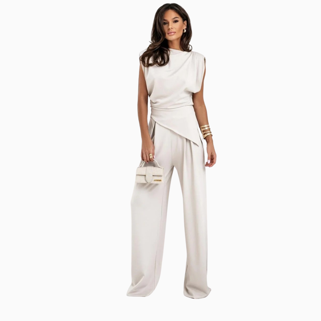 Ensemble femme deux pièces haut drapé sans manches et pantalon large élégant