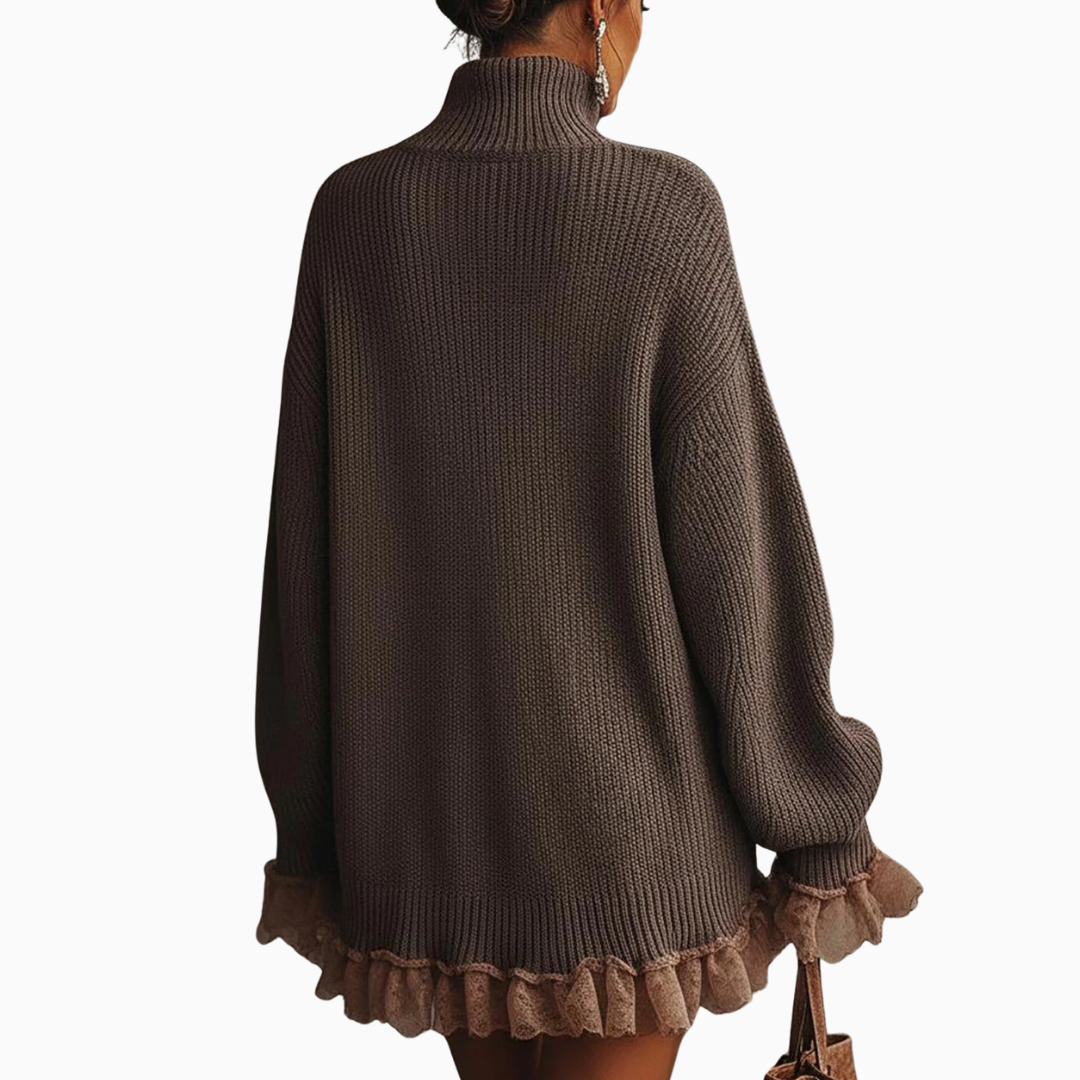 Robe pull femme maille col montant manches longues ourlet volanté