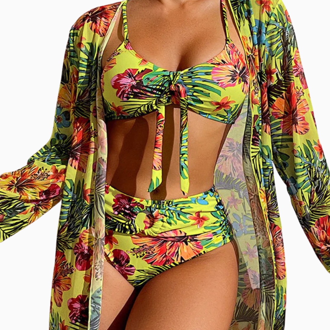 Céleste | bikini femme avec print slip taille haute et blouse de plage légère
