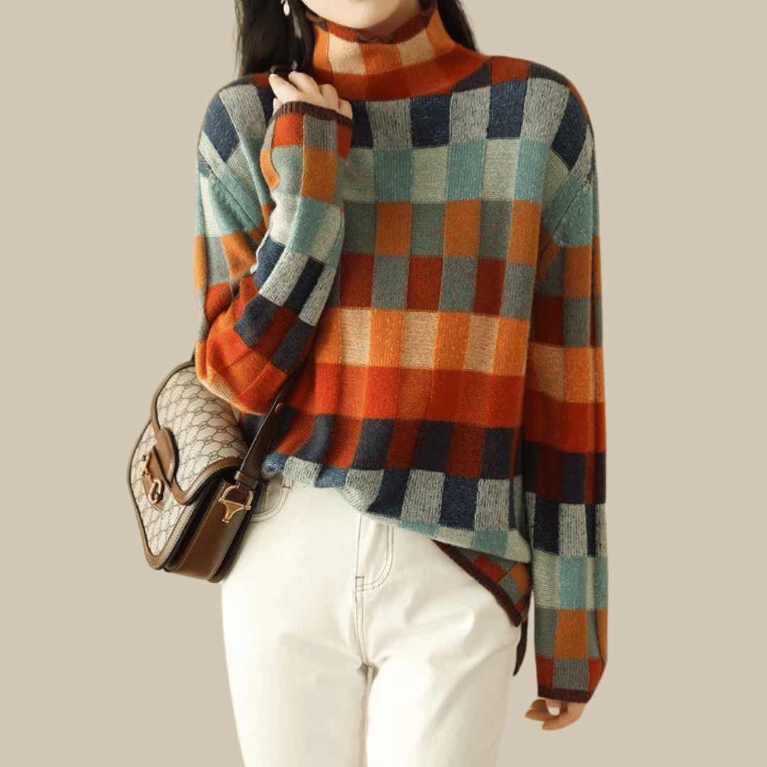 Pull Femme Cachemire Patchwork Col Roulé – Maille Luxueuse Manches Longues | Élégance & Chaleur