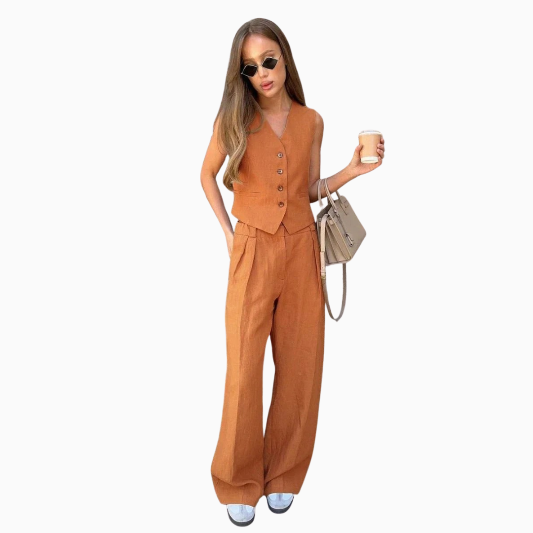Ensemble Lin Femme – Gilet Col V & Pantalon Large Fluide | Élégance Naturelle pour l'Été