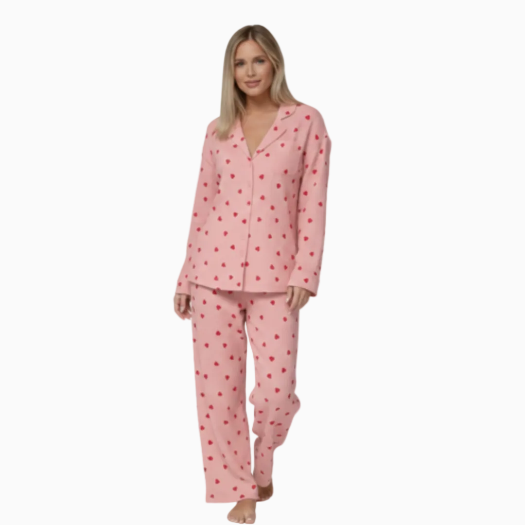 Ensemble Pyjama Femme Imprimé Cœurs Manches Longues Boutonné