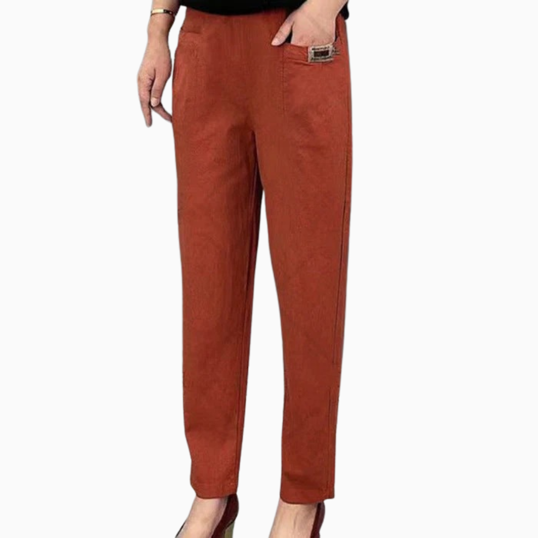 Pantalon femme taille haute coupe droite longueur cheville poches latérales