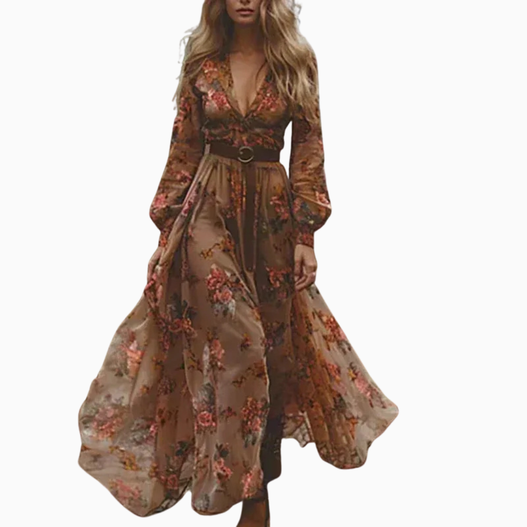 Robe Maxi Femme Broderies Florales – Manches Transparentes Ceinture Nouée | pour les Beaux Jours
