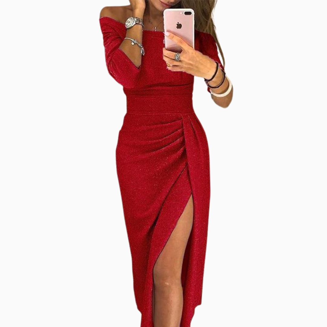 Robe Midi Femme Épaules Dénudées – Jupe Portefeuille Fendue | Look Soirée Raffiné