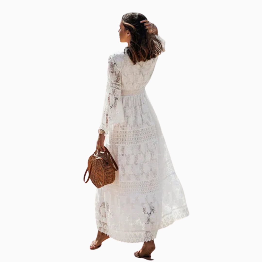 Robe Maxi Femme Dentelle Ajourée – Manches Évasées Pompons | Look Romantique & Estival